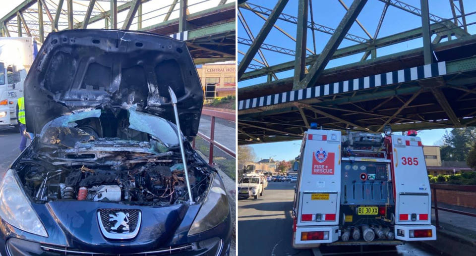 Pictures of the damaged car bonnet and a fire truck that helped extinguish the blaze.