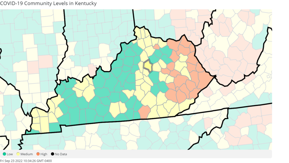 A county-by-county map of Kentucky’s COVID-19 Community Levels, which as of Sept. 22 displayed 50 counties with low levels of the disease, according to the CDC’s COVID-19 Data Tracker.