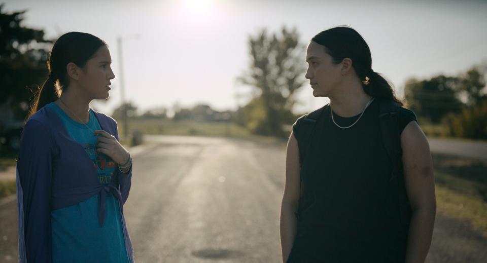 Jax (Lily Gladstone, right) and her niece Roki (Isabel Deroy-Olson) hit the road to find Roki's missing mom and bring her back to their Oklahoma reservation in the drama "Fancy Dance."