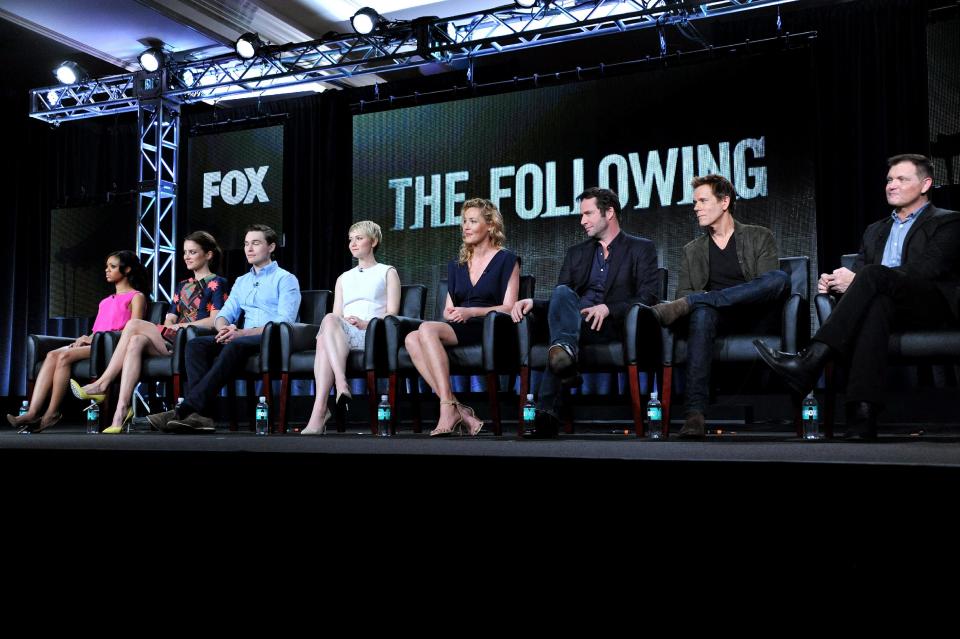 From left, Tiffany Boone, Jessica Stroup, Sam Underwood, Valorie Curry, Connie Nielson, James Purefoy, Kevin Bacon, and creator Kevin Williamson are seen during the panel for "The Following" at the FOX Winter 2014 TCA, on Monday, Jan. 13, 2014, at the Langham Hotel in Pasadena, Calif. The two stars of Fox's creepy thriller "The Following" admit that their show gives them nightmares. Bacon and Purefoy both said today that the characters stick with them after work. (Photo by Richard Shotwell/Invision/AP)