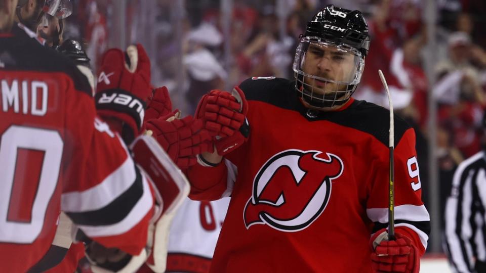 New Jersey Devils right wing Timo Meier (96) celebrates his goal against the Carolina Hurricanes during the first period in game three of the second round of the 2023 Stanley Cup Playoffs at Prudential Center.