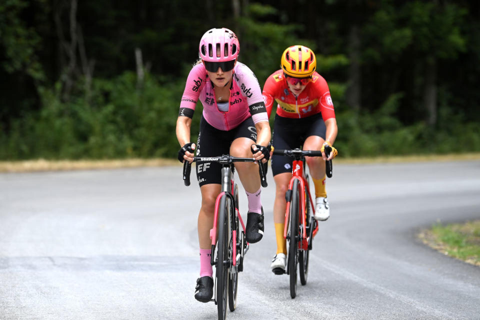 MAURIAC FRANCE  JULY 24 LR Georgia Williams of New Zealand and Team EF EducationTIBCOSVB and Hannah Ludwig of Germany and Team UnoX Pro Cycling Team compete in the breakaway during the 2nd Tour de France Femmes 2023 Stage 2 a 1517km stage from ClermontFerrand to Mauriac  UCIWWT  on July 24 2023 in Mauriac France Photo by Tim de WaeleGetty Images