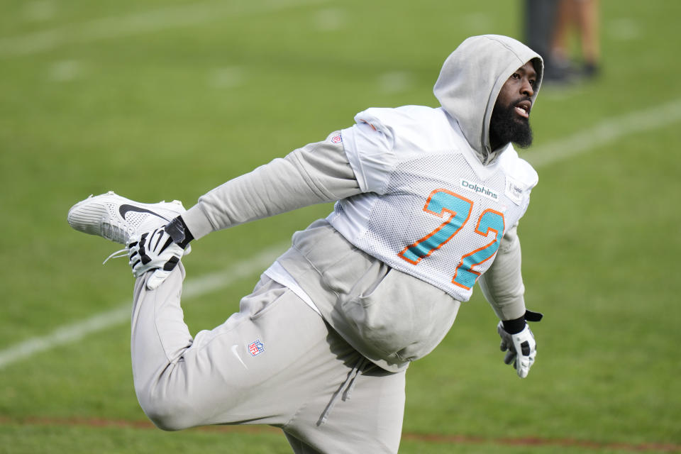 Miami Dolphins offensive tackle Terron Armstead (72) stretches during a practice session in Frankfurt, Germany, Friday, Nov. 3, 2023. The Miami Dolphins are set to play the Kansas City Chiefs in a regular season NFL game in Frankfurt on Sunday. (AP Photo/Doug Benc)