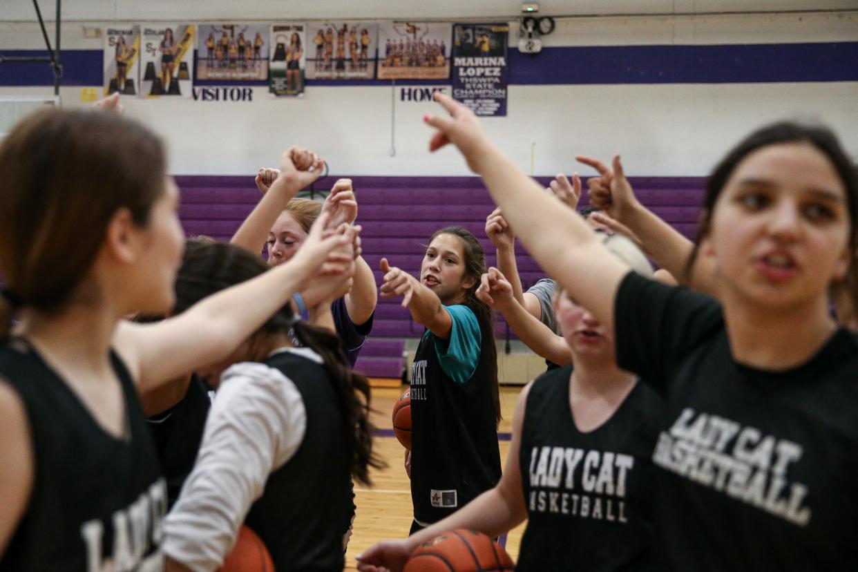 The girls Skidmore-Tynan basketball team practices at the high school on Wednesday, Dec. 14, 2022, in Skidmore, Texas. 
