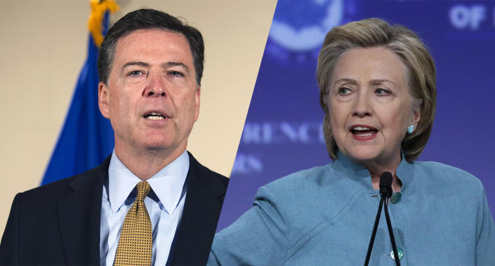 FBI Director James Comey makes a statement at FBI Headquarters on Tuesday; Hillary Clinton addresses the the U.S. Conference of Mayors last week. (Photos: Michael Conroy/AP, Cliff Owen/AP)