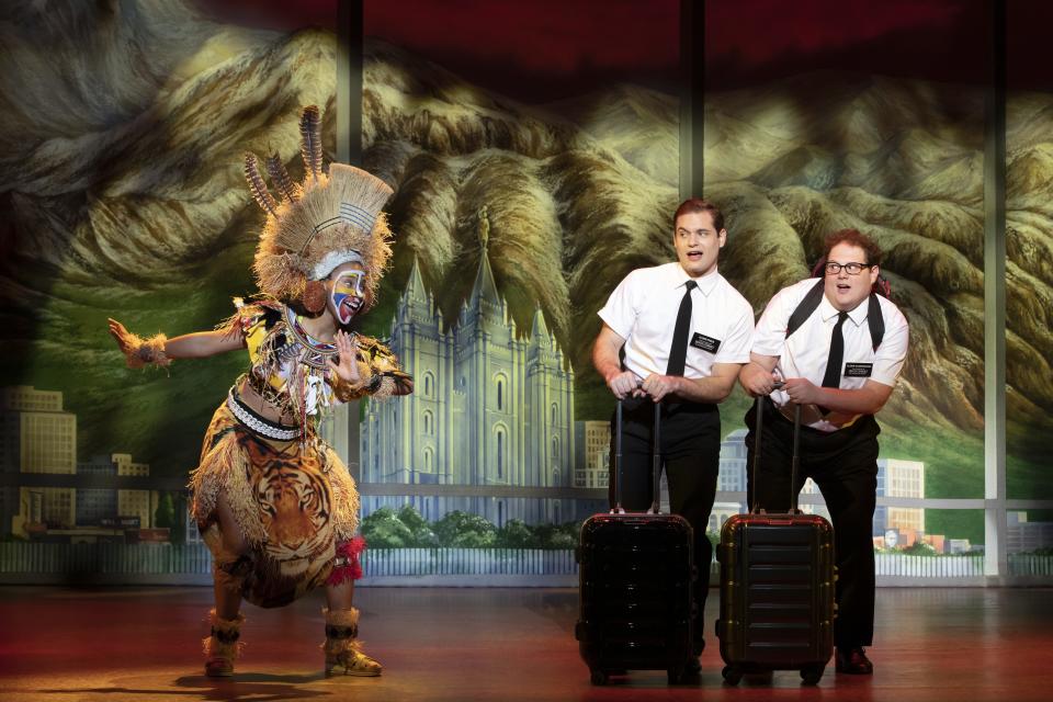 Trinity Posey, Sam McLellan and Sam Nackman, from left, in the North American tour of "The Book of Mormon," which opens Oct. 31 at Providence Performing Arts Center.