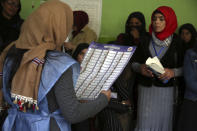 An Afghan election worker counts ballots while monitors observe the process, during parliamentary elections, at a polling station in Kabul, Afghanistan, Sunday, Oct. 21, 2018. The elections entered a second day after delays caused by violence and technical issues, as a roadside bomb killed nearly a dozen civilians on Sunday, including several children. (AP Photo/Rahmat Gul)