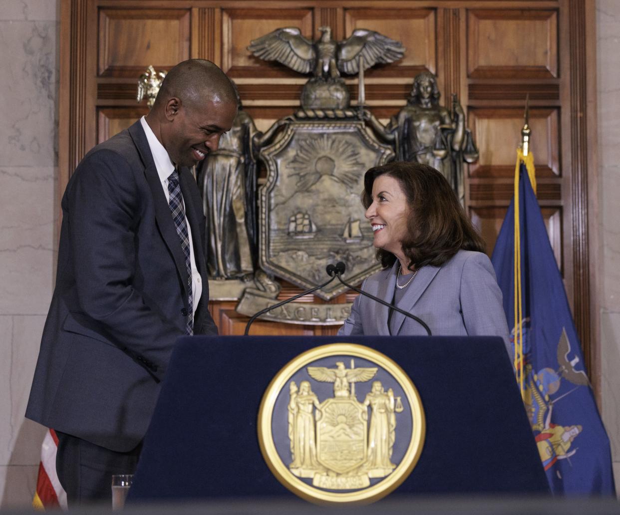 New York Governor Kathy Hochul (right) announces her appointment of Congressman Antonio Delgado (D-N.Y.) as Lieutenant Governor during a news conference at the State Capitol in Albany on May 3, 2022.