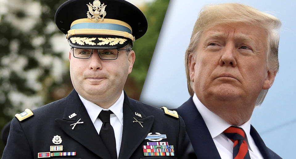 Lt. Col. Alexander S. Vindman and President Trump. (Photos: Siphiwe Sibeko, Evan Vucci/AP)