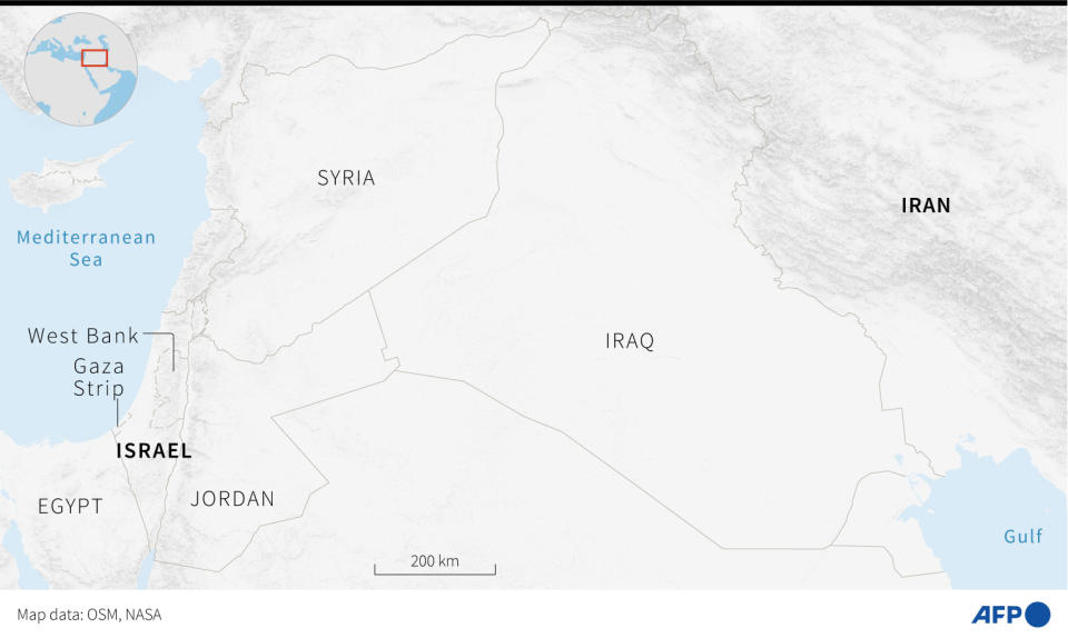 <span>Map locating Iran, Syria, Iraq, Jordan and Israel (JONATHAN WALTER, ANIBAL MAIZ CACERES, OLIVIA BUGAULT / AFP)</span>