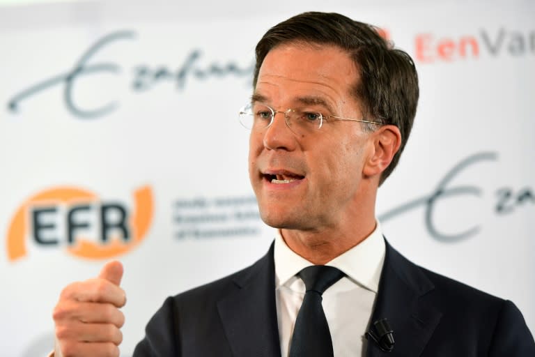 Dutch Prime Minister Mark Rutte speaks during a press conference at Erasmus University in Rotterdam on March 13, 2017