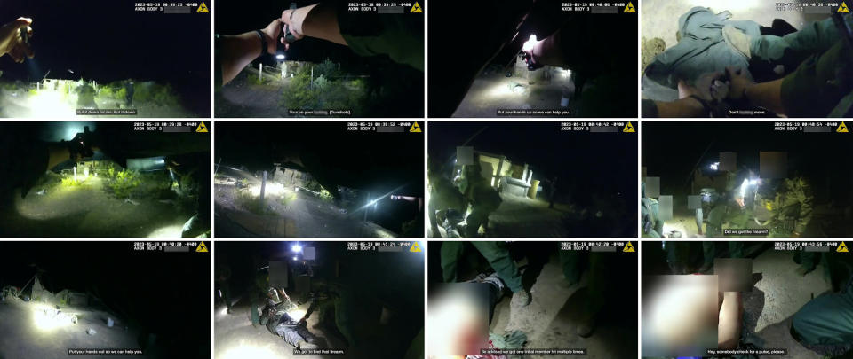 Each row of the above images is captured from different cameras worn by Border Patrol Agents before and after the killing. The video was provided by Border Patrol, which they blurred in places. (UCBP)