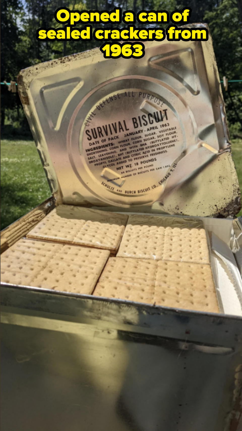 A metallic tin labeled "Survival Biscuit" is open, showing several stacked crackers inside. The label mentions the product's purpose, date, and manufacturer