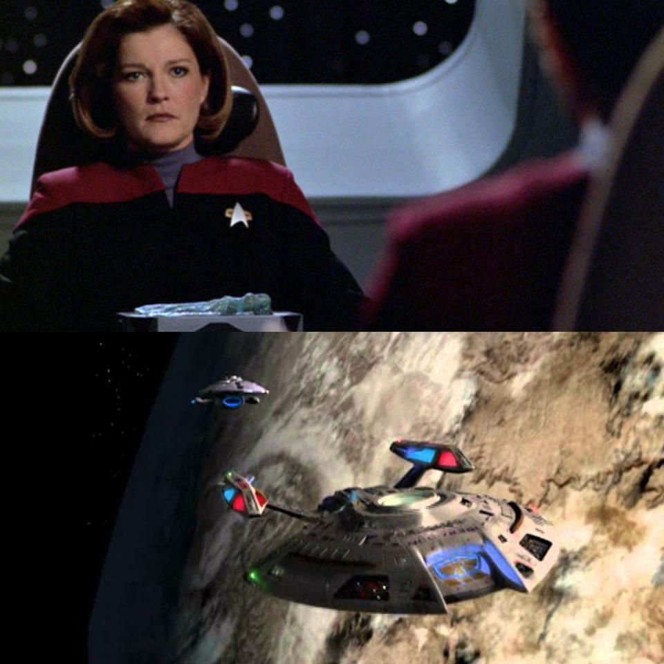 Captain Janeway (Kate Mulgrew) face off against the corrupt Captain Ransom in the Star Trek: Voyager season 5 finale "Equinox." 