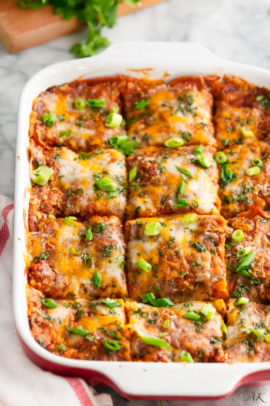 <p>Aberdeen's Kitchen</p><p>This vegetarian black bean enchilada casserole is fast, simple and delicious!</p><p><strong>Get the recipe: <a href="https://www.aberdeenskitchen.com/2015/07/vegetarian-black-bean-enchilada-casserole/" rel="nofollow noopener" target="_blank" data-ylk="slk:Vegetarian Black Bean Enchilada Casserole;elm:context_link;itc:0;sec:content-canvas" class="link ">Vegetarian Black Bean Enchilada Casserole</a></strong></p>