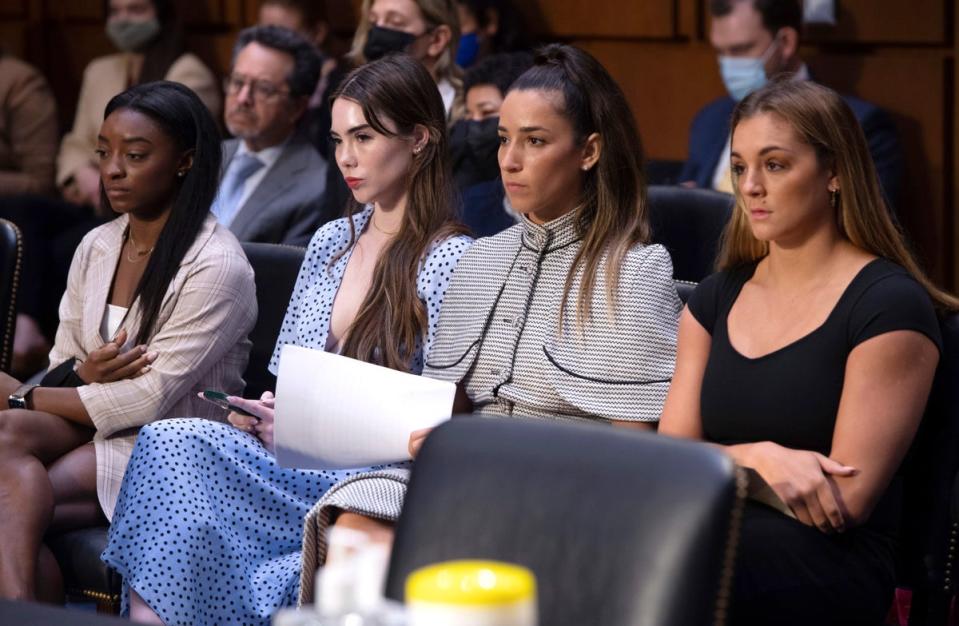 US gymnasts from left, Simone Biles, McKayla Maroney, Aly Raisman and Maggie Nichols, arrive to testify about abuse they suffered at hands of Nassar (AP)