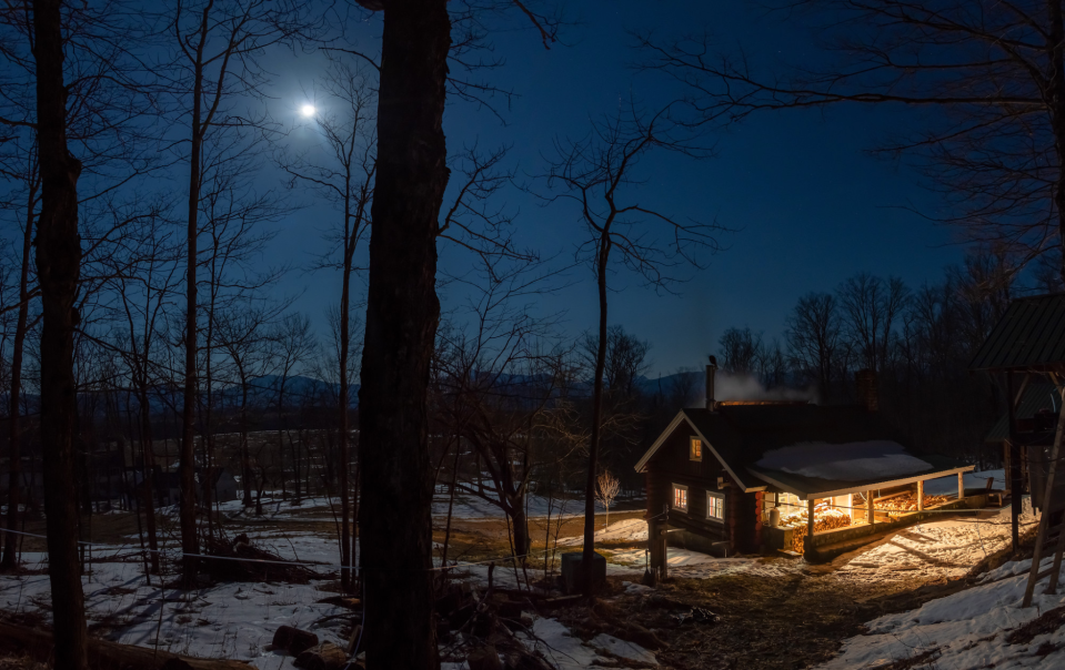 The full moon illuminates the sugar shack at Heaven Hill.