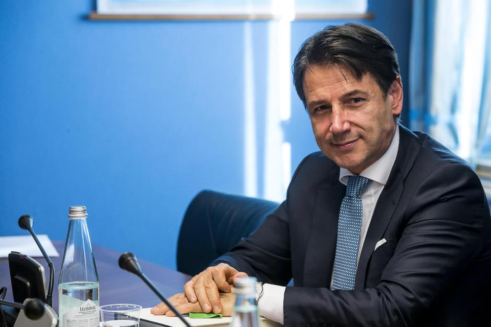 Italian Premier Giuseppe Conte sits before testifying behind closed doors to COPASIR (Italian parliamentary intelligence committee) about a meeting between United States Attorney General William Barr and Italian intelligence, in Rome, Wednesday, Oct. 23, 2019. Media reports have indicated that Conte authorized the contacts -- one in August and one in September -- in violation of protocol. (Angelo Carconi/ANSA via AP)