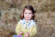 <p>This picture of Princess Charlotte wearing a yellow lamb sweater was released to the public in honor of the little royal's second birthday. </p>