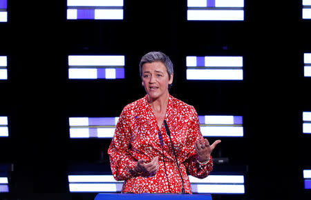 EU Competition Commissioner Margrethe Vestager speaks during the final estimation of the results of the European Parliament election in Brussels, Belgium, May 27, 2019. REUTERS/Francois Lenoir