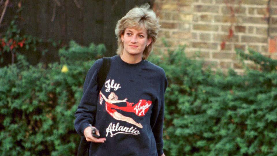 Princess Diana wearing a Virgin Atlantic sweater as she leaves the gym. - Anwar Hussein/WireImage/Getty Images