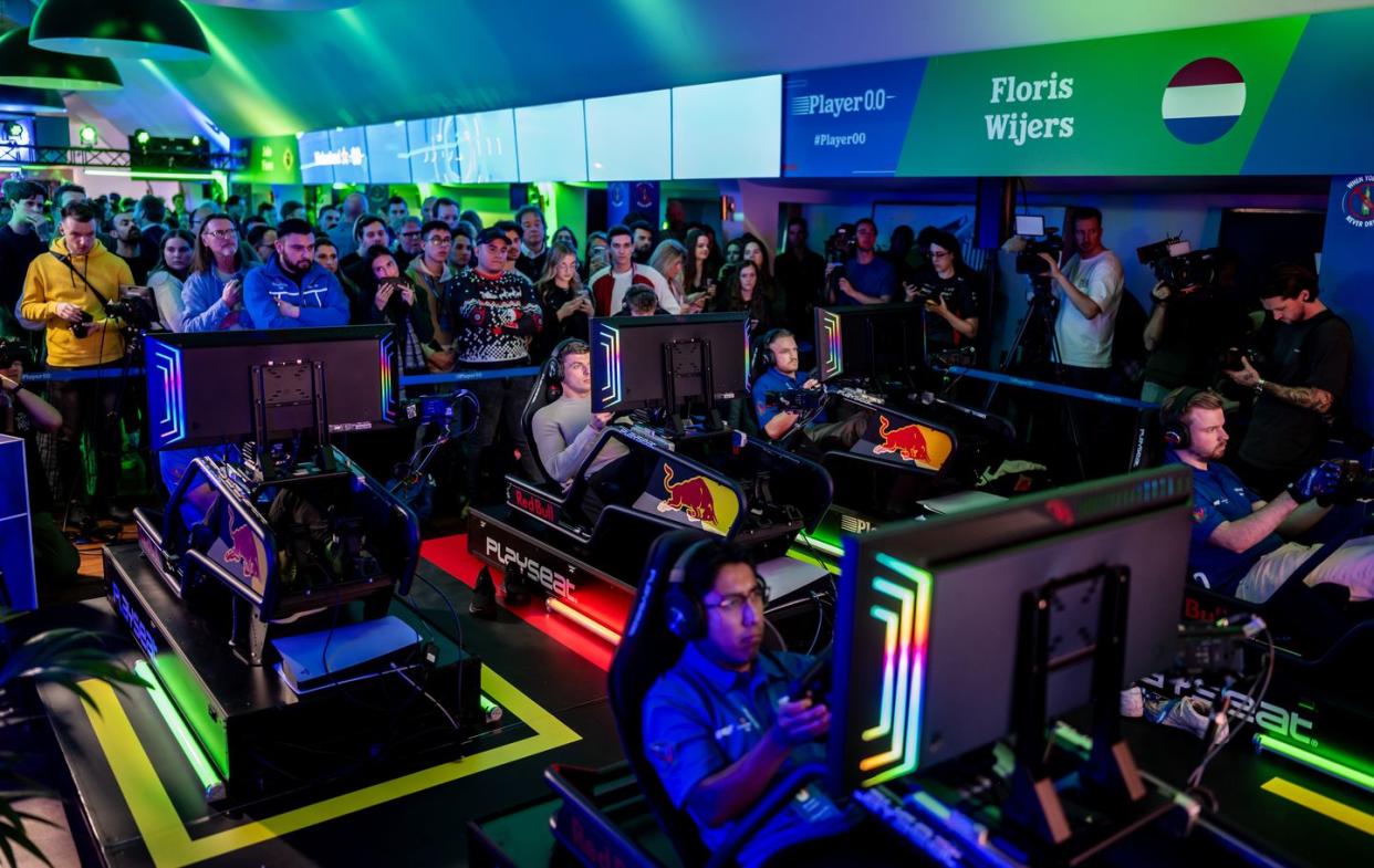 amsterdam, netherlands december 06 max verstappen joins heineken at the global final of player 00 sim racing competition at the global final of player 00 sim racing competition, hosted at the heineken experience on december 06, 2023 in amsterdam, netherlands photo by alexander scheubergetty images for heineken