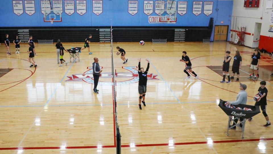 The West Jessamine boys’ volleyball teams practices on March 13. Among the 28 boys’ teams competing n Kentucky this spring, there are five from Lexington — Lafayette, Henry Clay, Paul Laurence Dunbar, Sayre and Tates Creek.