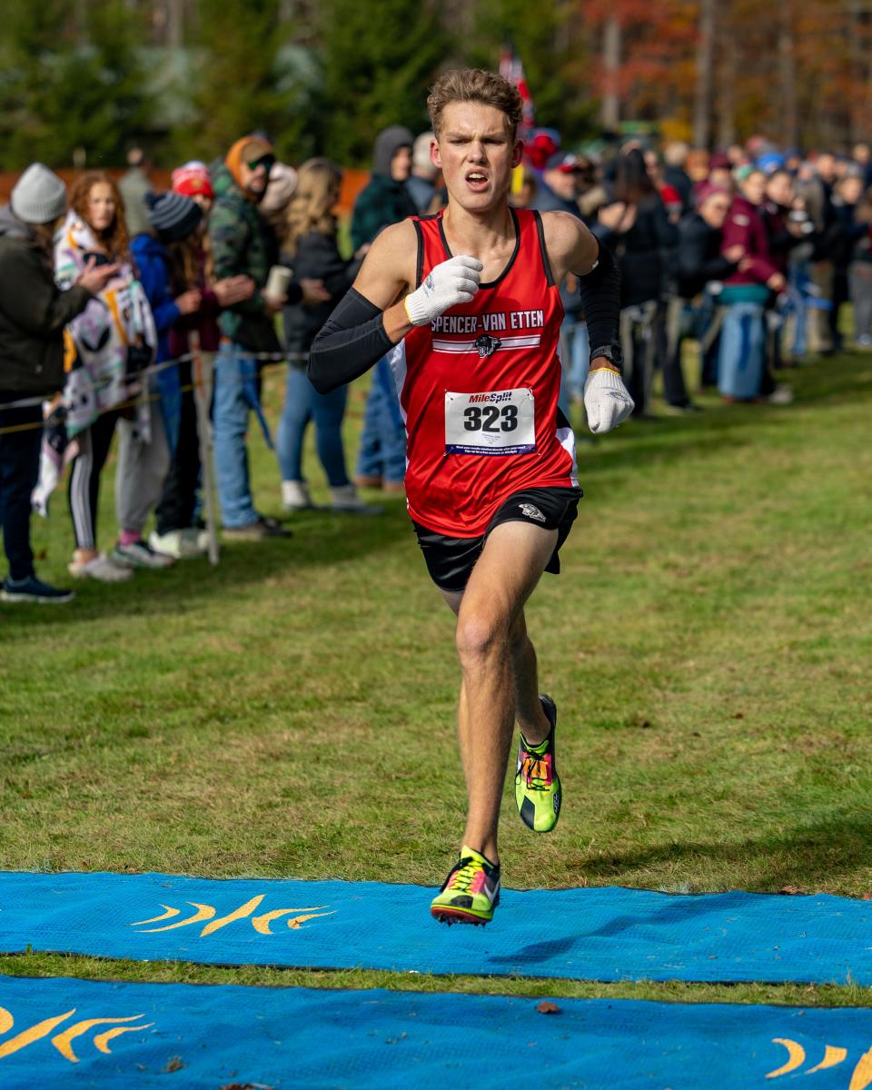 John Garrison wins the Section 4 Class D boys cross country championship and qualifies for the state championship round Nov. 2, 2023 at Chenango Valley State Park.