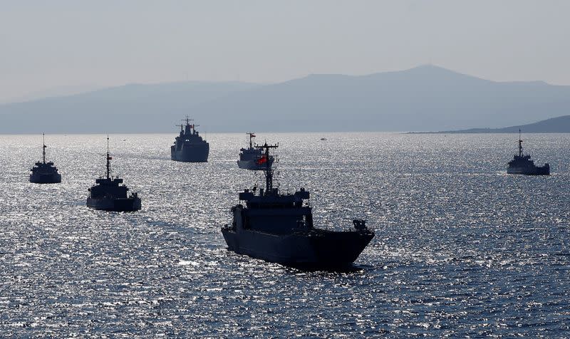 FILE PHOTO: Turkish Navy ships take part in a landing drill during the Blue Homeland naval exercise off the Aegean coastal town of Foca in Izmir Bay