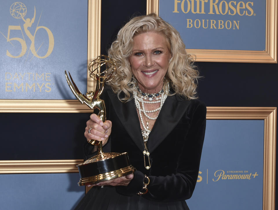 Alley Mills, winner of the award for outstanding guest performance in daytime drama series for "General Hospital", attends the 50th Daytime Emmy Awards on Friday, Dec. 15, 2023, at the Westin Bonaventure Hotel in Los Angeles. (Photo by Richard Shotwell/Invision/AP)