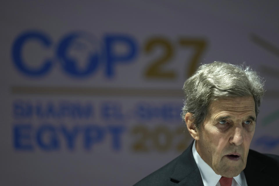 U.S. Special Presidential Envoy for Climate John Kerry attends a panel on biodiversity at the COP27 U.N. Climate Summit, Wednesday, Nov. 16, 2022, in Sharm el-Sheikh, Egypt. (AP Photo/Peter Dejong)