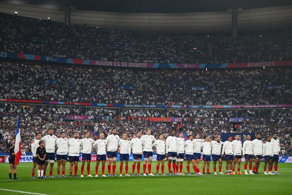 A general view of the inside of the stadium as players of France line up during the National Anthems.