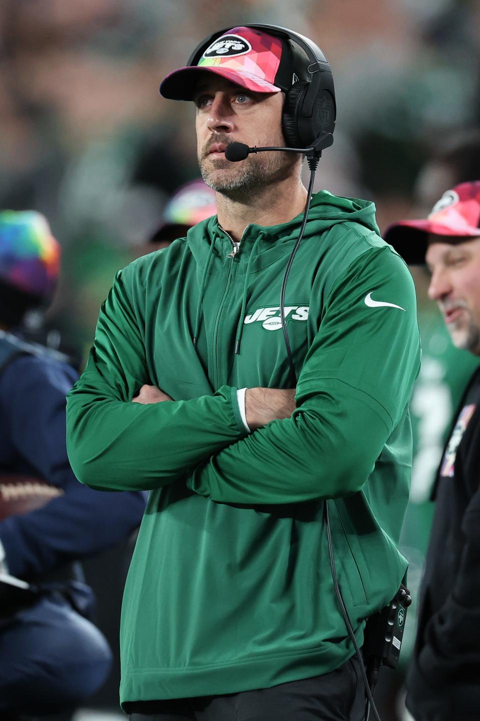 Oct 15, 2023; East Rutherford, New Jersey, USA; New York Jets quarterback Aaron Rodgers (8) looks on during the second half against the Philadelphia Eagles at MetLife Stadium. Mandatory Credit: Vincent Carchietta-USA TODAY Sports