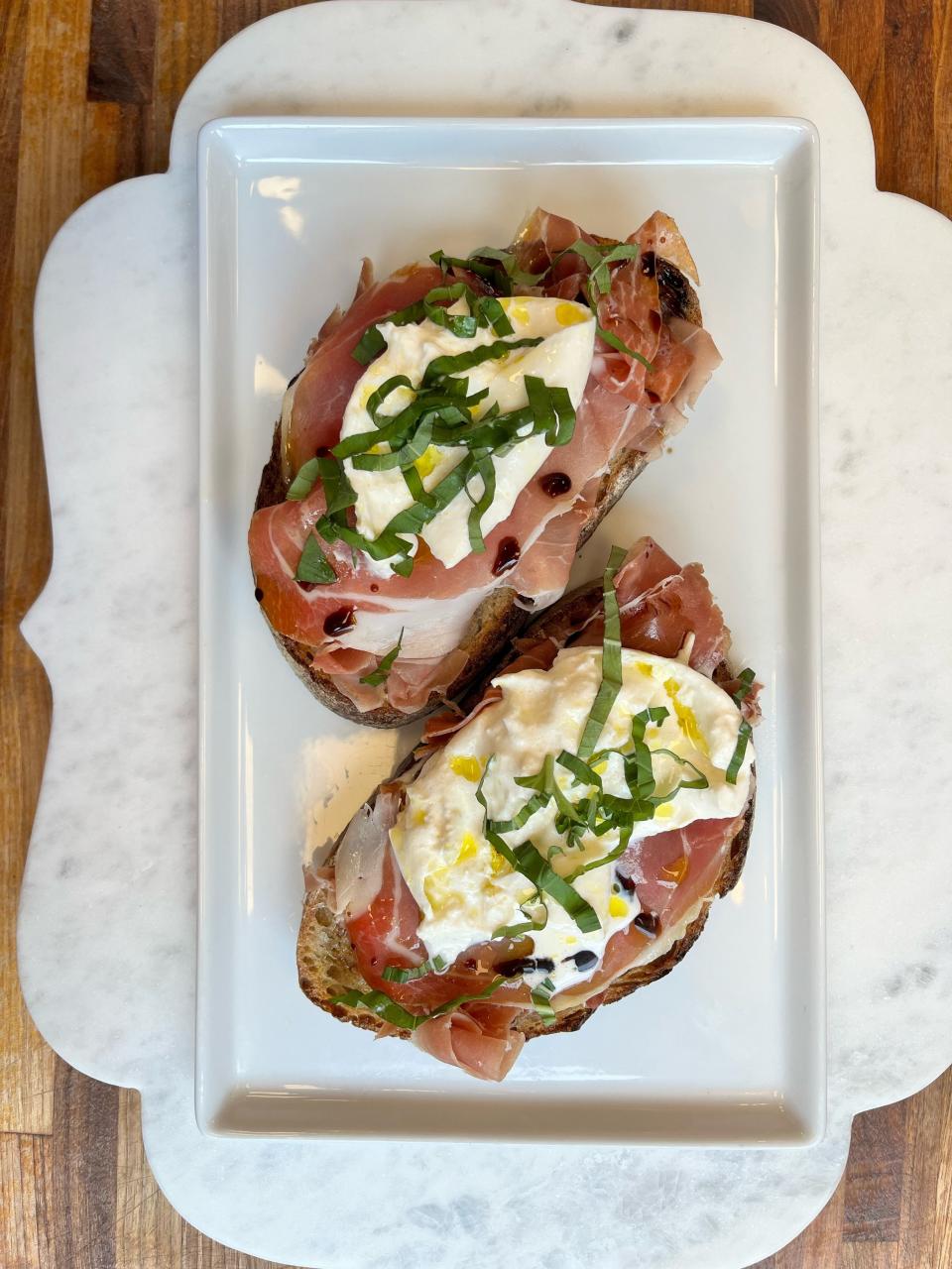 The "House Favorite" at Scott & Joe in Nyack comes topped with prosciutto butter, prosciutto di parma, burrata, basil, extra virgin olive oil, and aged balsamic.