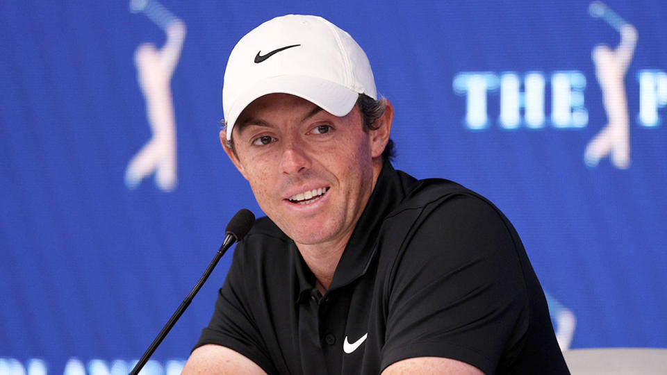 Pictured here, Rory McIlroy speaking to reporters.