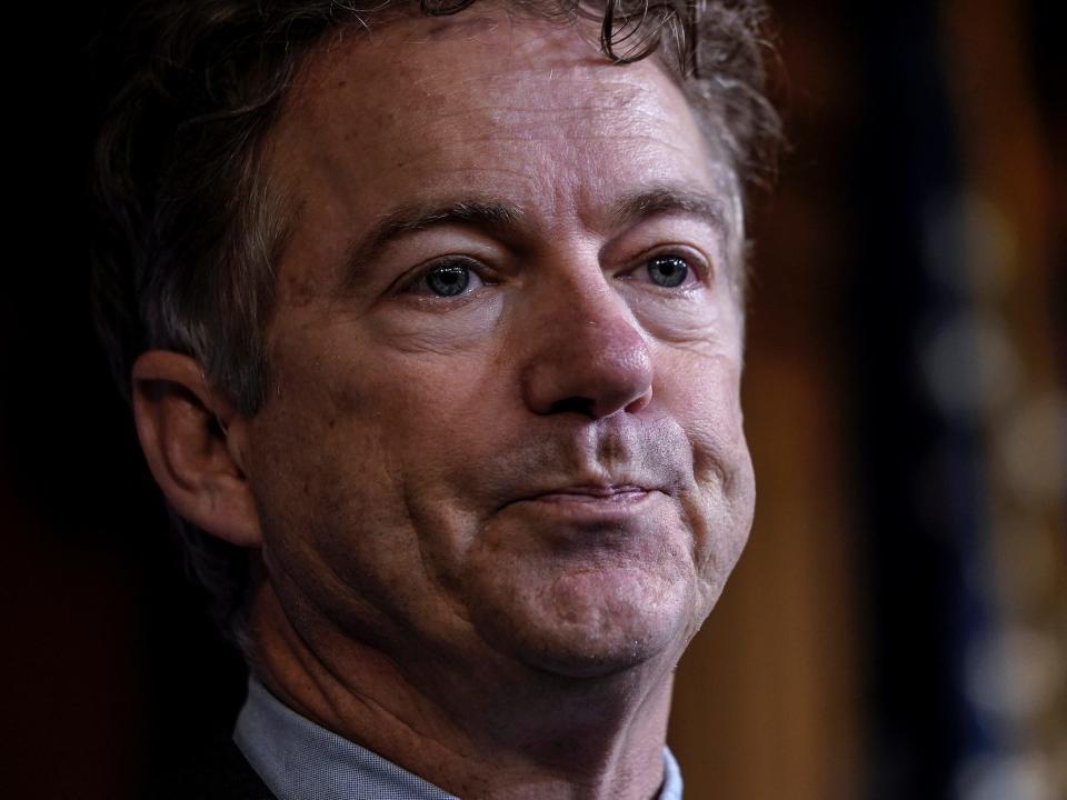After Chief Justice John Roberts did not read his question aloud, Sen. Rand Paul speaks during a brief news conference during the Senate impeachment trial of President Donald Trump continues on January 30, 2020 in Washington, DC.
