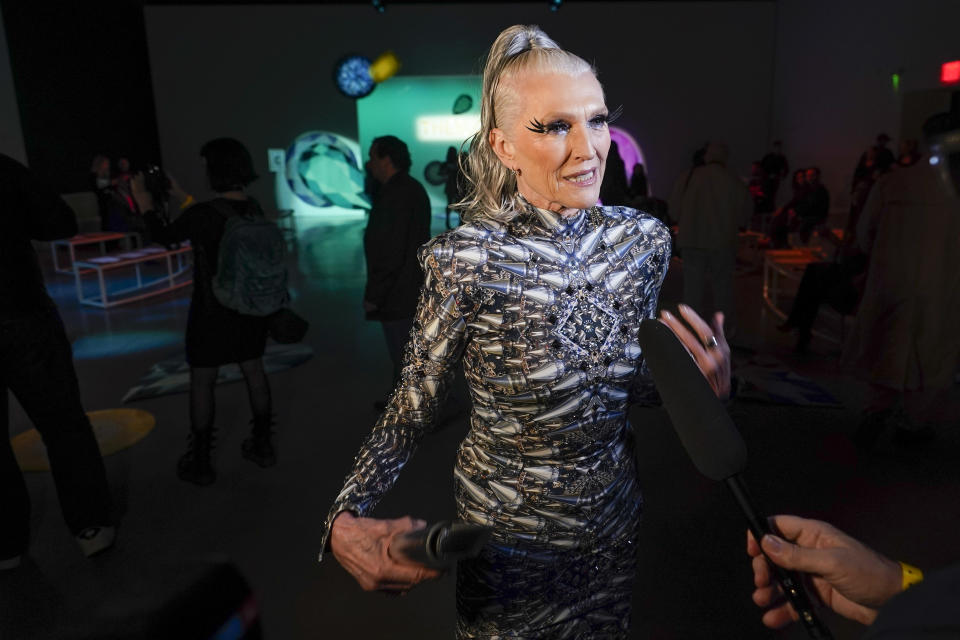 Maye Musk speaks to reporters before The Blonds collection is presented during Fashion Week, Wednesday, Feb. 15, 2023, in New York. (AP Photo/Mary Altaffer)