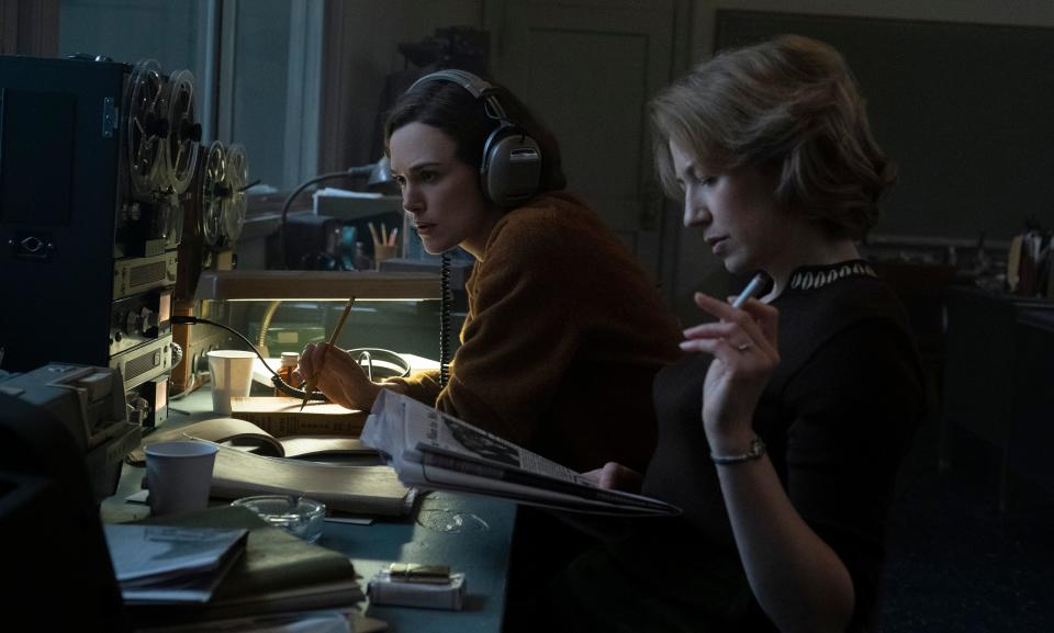 Carrie Coon, right, as Jean Cole, who grew up in Scituate, and Keira Knightley as Loretta McLaughlin, a Milton resident, in a scene from "Boston Strangler," streaming March 17 on Hulu.