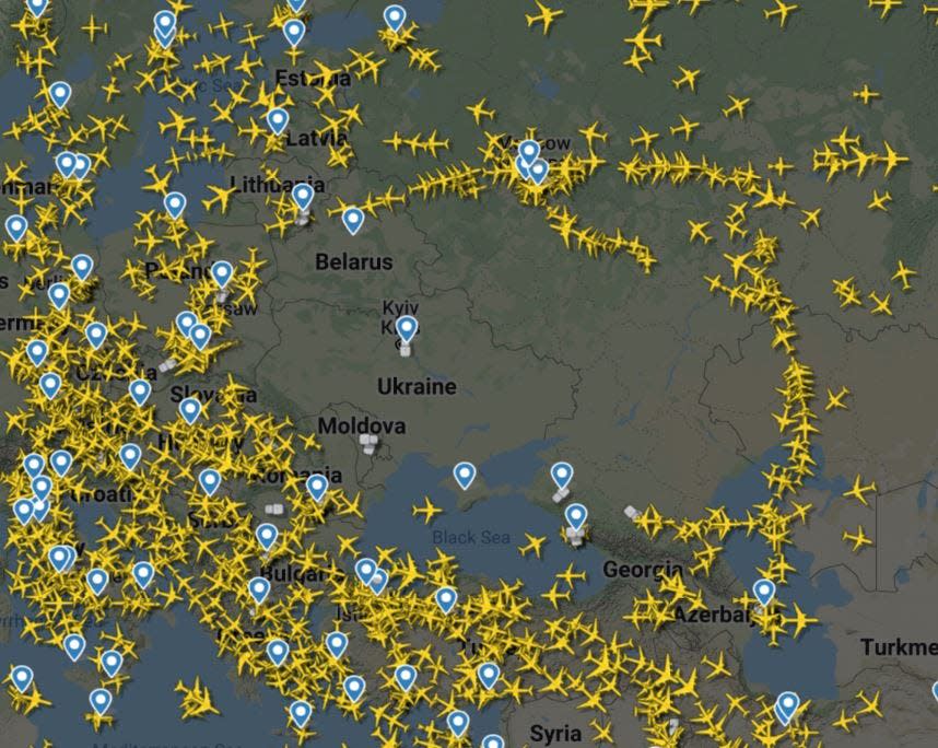 Map of flights around Ukraine on Feb. 24, 2022, the day after Russian forces began a military operation in eastern Ukraine.