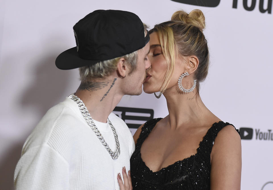 Justin Bieber and Hailey Bieber arrive at the Los Angeles premiere of "Justin Bieber: Seasons" on Monday, Jan. 27, 2020. (Photo by Jordan Strauss/Invision/AP)