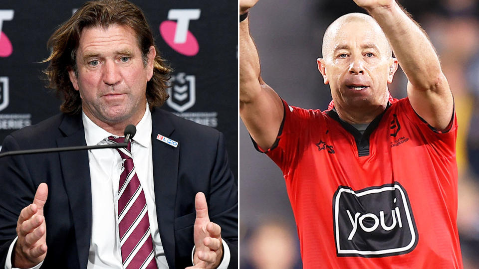 Pictured left to right, Manly coach Des Hasler and NRL referee Ben Cummins.