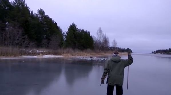 The pair skated out to the moose trapped in the ice. Photo: YouTube.