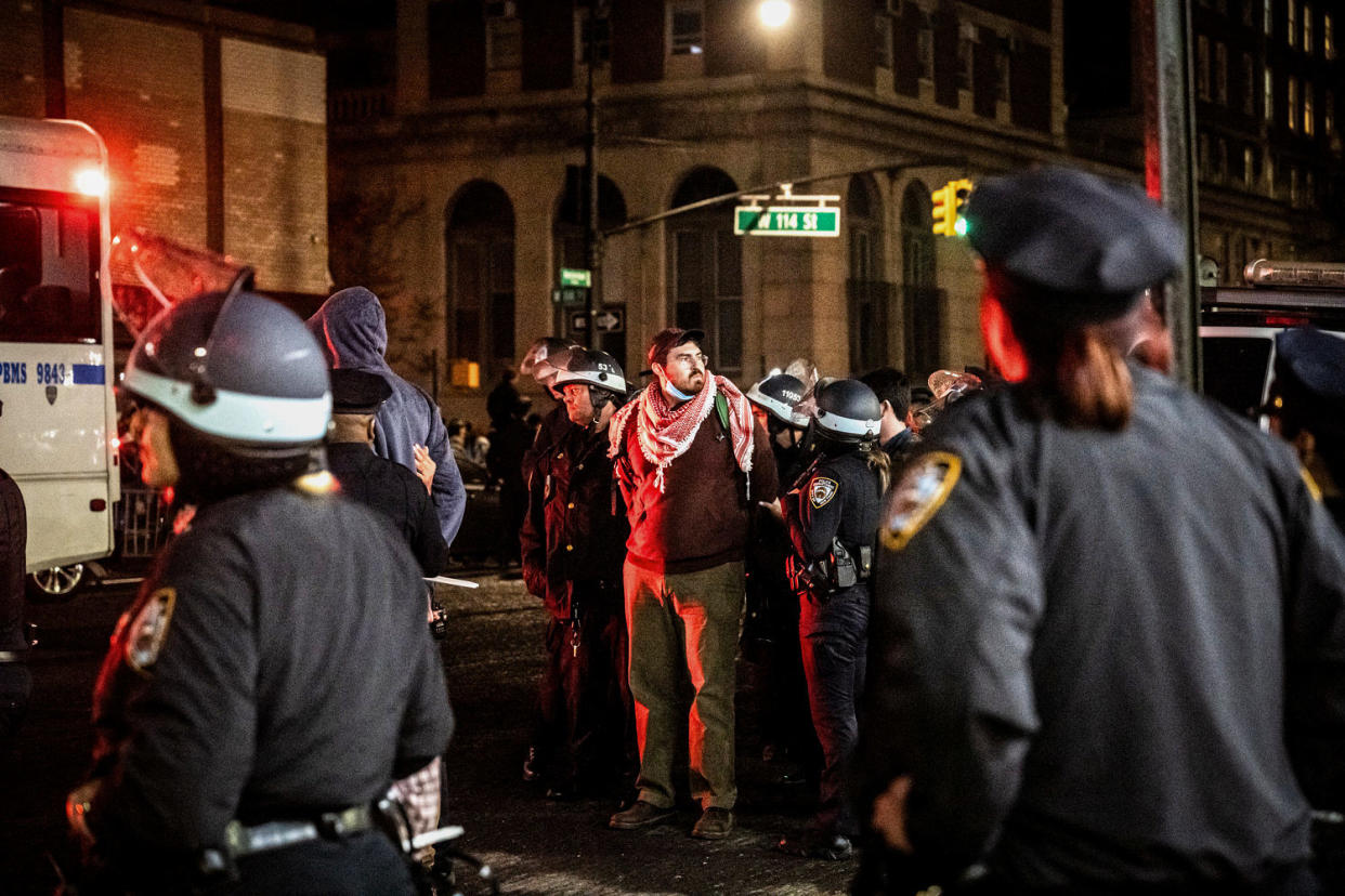 Members of the NYPD detain protesters from the pro-Palestinian protest encampment. (Stephanie Keith / Getty Images)