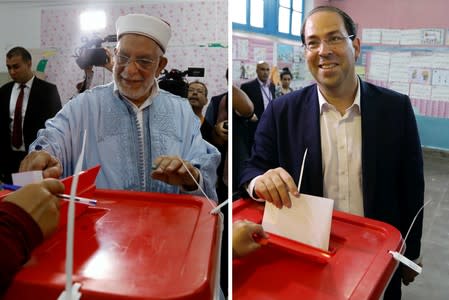 A combination of 2 pictures shows presidential candidates Abdelfattah Mourou and Youssef Chahed, casting their vote at polling stations during presidential election in Tunis