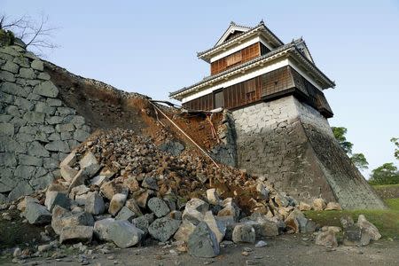 A damaged stone wall caused by an earthquake is seen at the Kumamoto Castle in Kumamoto, southern Japan, in this photo taken by Kyodo April 15, 2016. Mandatory credit REUTERS/Kyodo