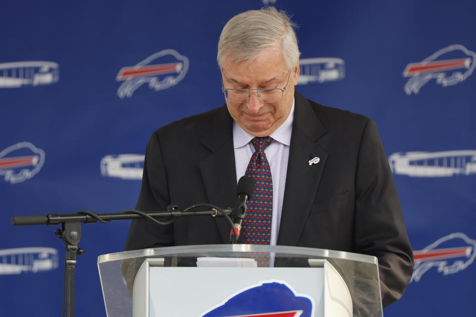 Buffalo Bills owner Terry Pegula gets emotional during his speech prior to the groundbreaking ceremony at the site of the new Bills Stadium in Orchard Park, N.Y., Monday June 5, 2023. (AP Photo/Jeffrey T. Barnes)