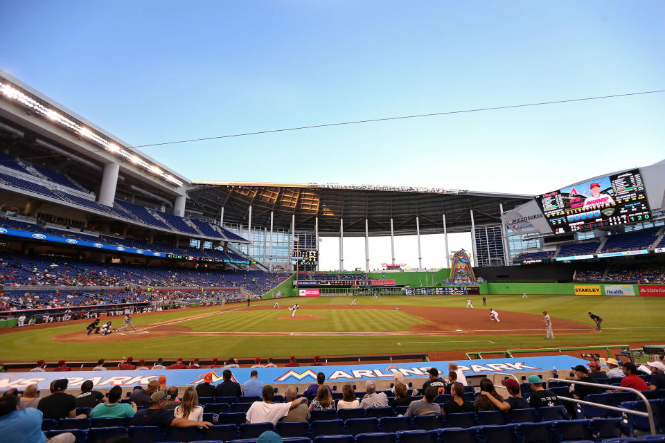 Both the Marlins’ logo and the fate of their home run statue have changed under the team’s new ownership group. (Getty Images)