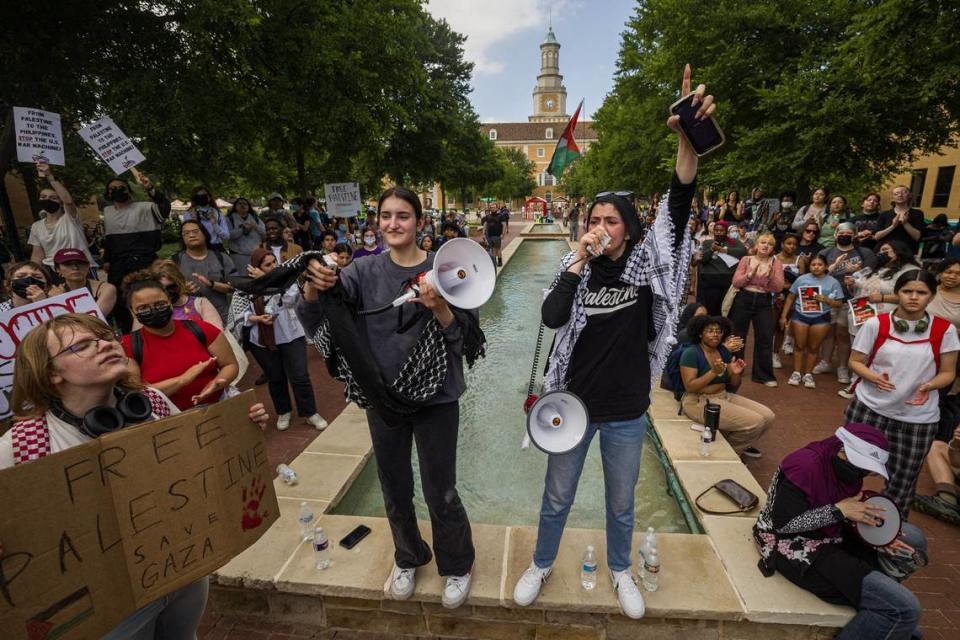 Delane and Malak, student organizers with the Palestine Solidarity Committee who preferred to use their first name, rally hundreds of University of North Texas students and faculty who gathered for the Campus Wide Walkout for Gaza at the campus Library mall on Tuesday, April 30, 2024.