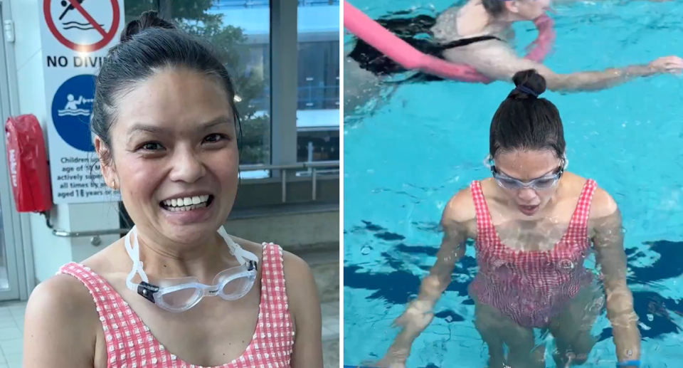 Left, Thu Fampidi smiles at the side of the pool with a pair of goggles round her neck wearing a swimming costume. Right, she overcomes her fear or water breathing deeply in the pool. 