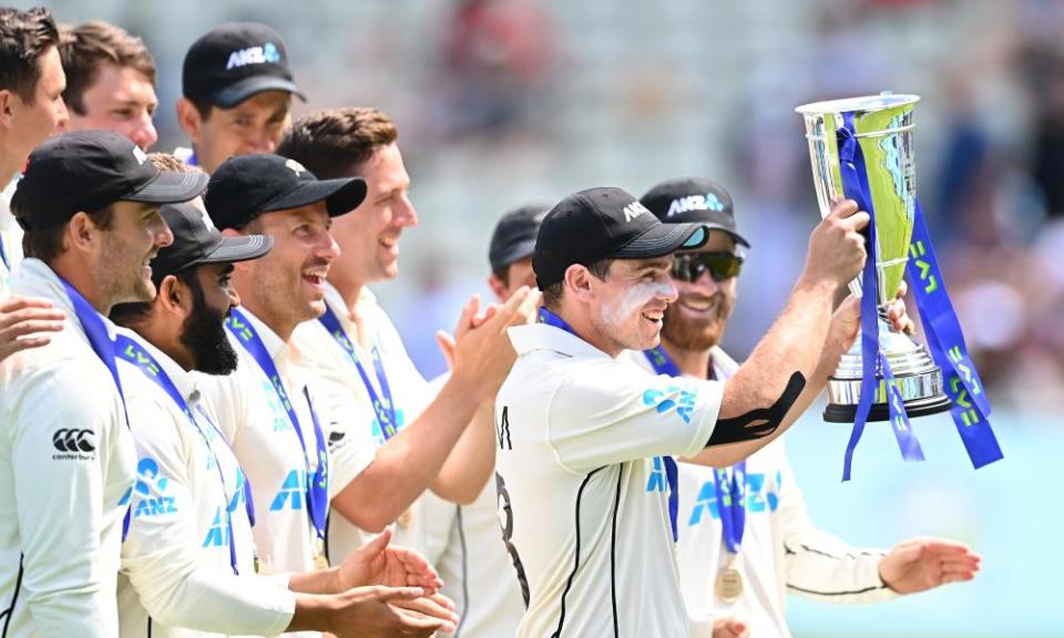 Tom Latham lifts the series trophy after New Zealand’s win at Edgbaston.